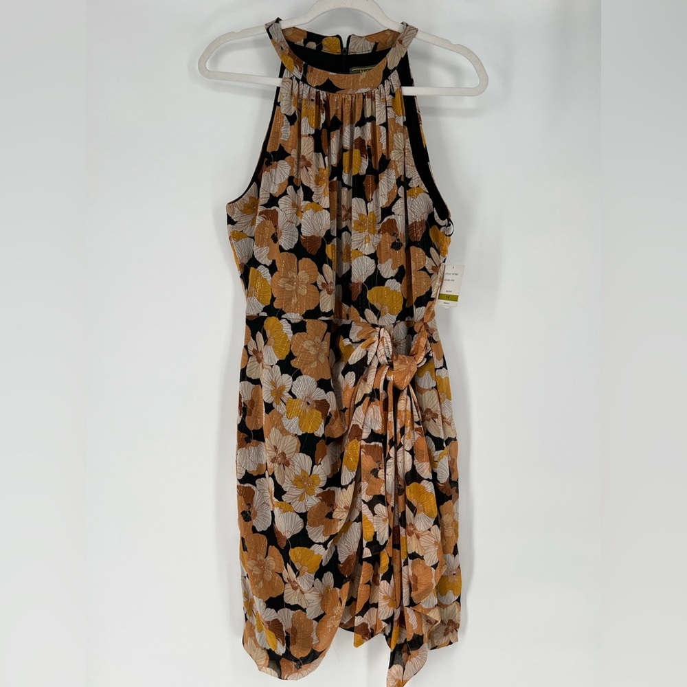 MELONI T GOLDEN HOUR BLACK DRESS W/GOLD & WHITE POPPY‎ FLOWERS, METALLIC GOLD